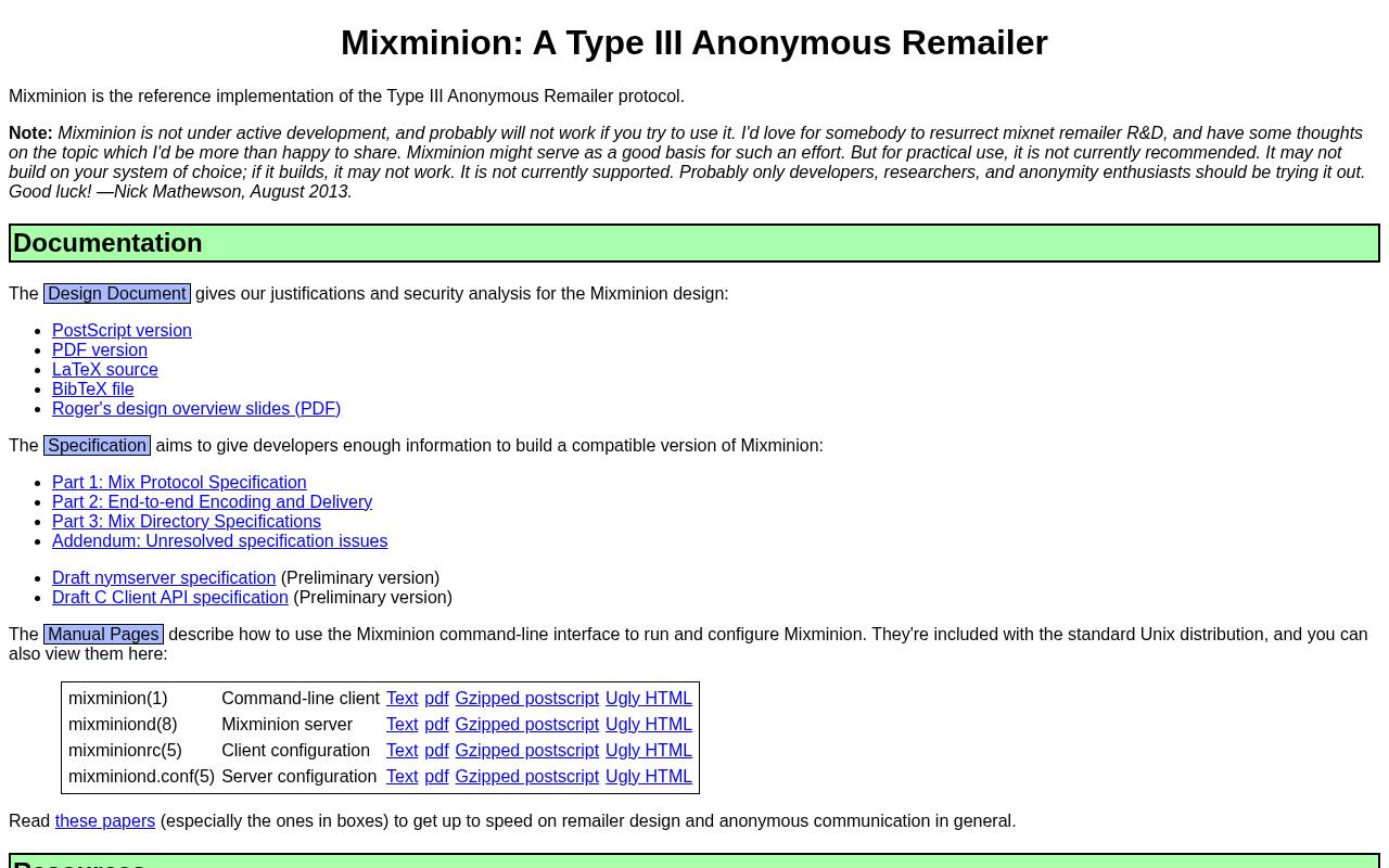 Screenshot of mixminion.net