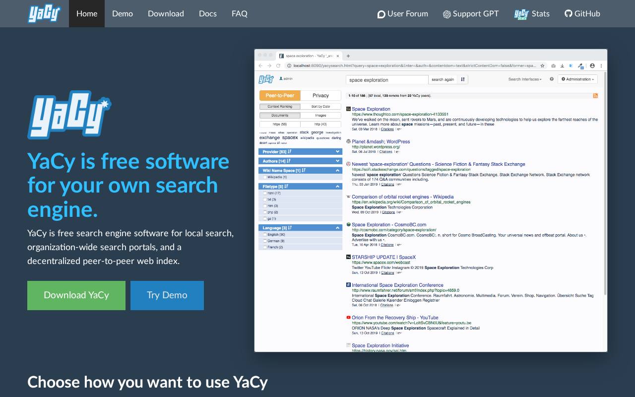 Screenshot von yacy.net