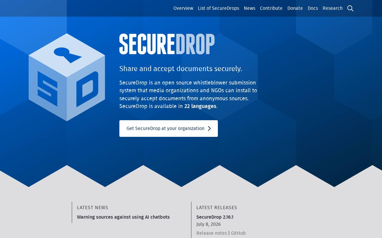 Screenshot von securedrop.org