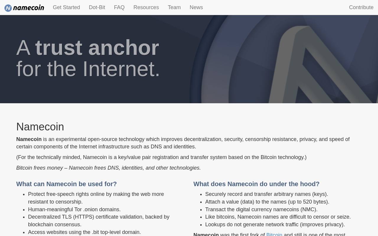 Screenshot of namecoin.org